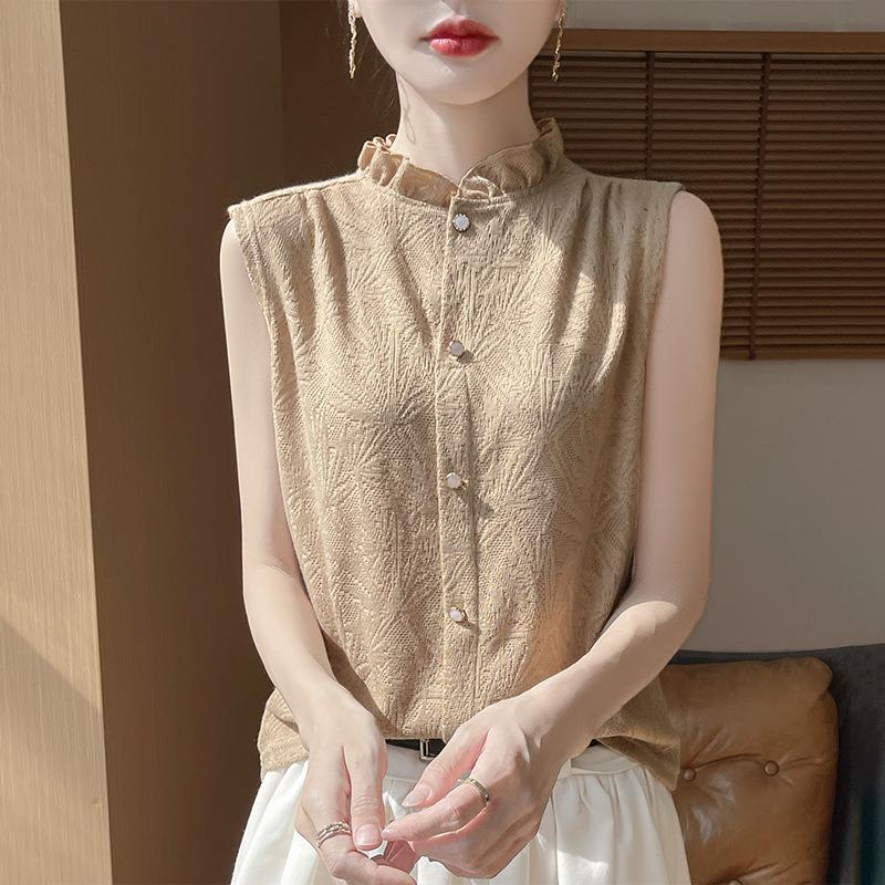 Summer Lace Collar Sleeveless Shirt Women's Wooden Ear Stand-up Collar Vest Top