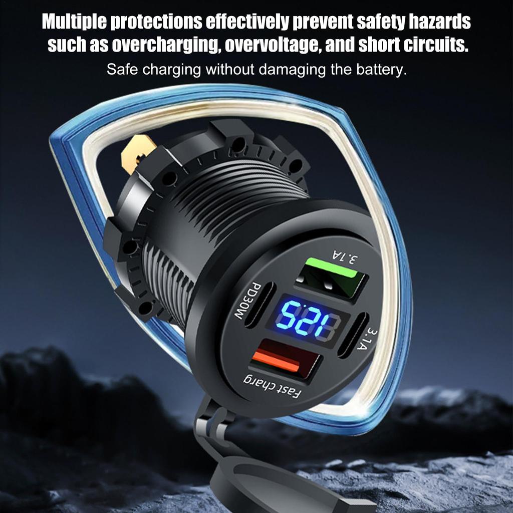 Car Charger Socket Dual PD & Dual USB 4Ports Fast Charging Socket Waterproof with Voltmeter 12V/24V For Car Boat Motorcycle