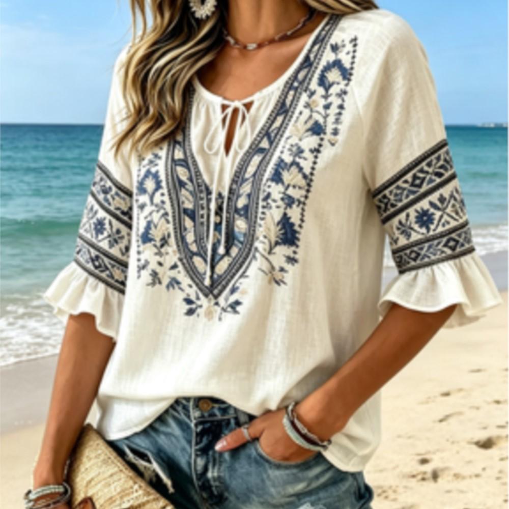 Damen Blaue Bestickte Boho Bluse, Krawattenhals 3/4 Glockenärmel Lässiges Lockeres Tunika Oberteil für den Täglichen Urlaubsgebrauch