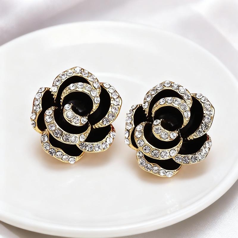 Temperament Elegant Black Camellia Pearl Stud Earrings For Women Girls Fashion Zircon Flowers Earrings Jewelry Accessories Gifts
