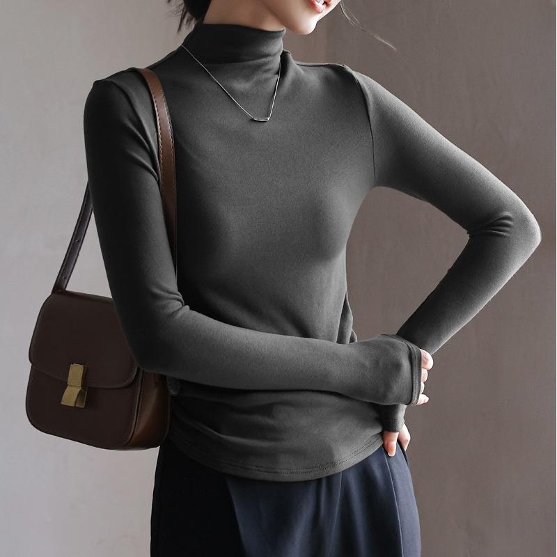 Vysoce kvalitní dámský základní top s polozvýšeným krkem, jednobarevný, s běžnými rameny a dlouhým rukávem, tričko pro vnitřní nošení na podzim a zimu