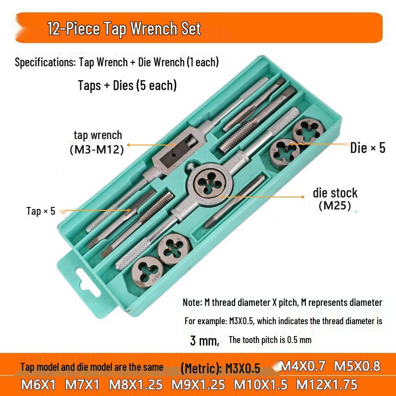 High-Speed Steel Taps & Dies Set: 5, 6, 7, 9-Piece with Tap Wrench and Threading Drill Bits.