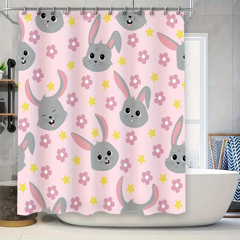 

Cute Bunny Rabbit Shower Curtain Pink With Yellow Stars And Flowers For Kids Bathroom Decor (180X240Cm) W60H190(CM)-1 Pcs