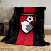A shield with a soccer player heading a ball and vertical red stripes. for all seasons blanket lunch break throw gift