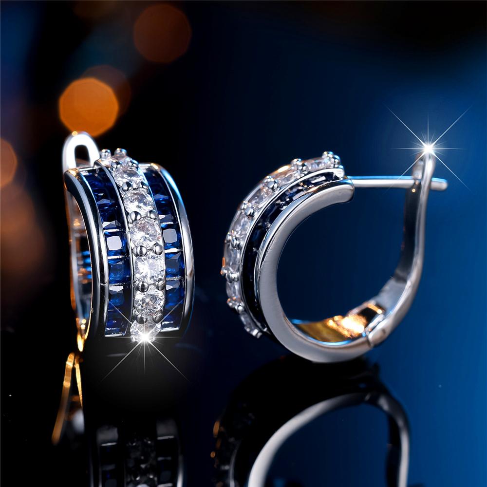 Charm Female Blue White Zircon Stone Hoop Earrings Vintage Silver Color Simple Wedding  For Women
