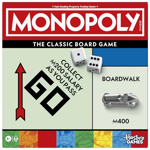 

Настольная игра Монополия | Классическая игра с лотком для хранения и крупными фишками | Возраст 8+ | 2-6 игроков | Семейная игра для детей и взрослых | Подарок для детей