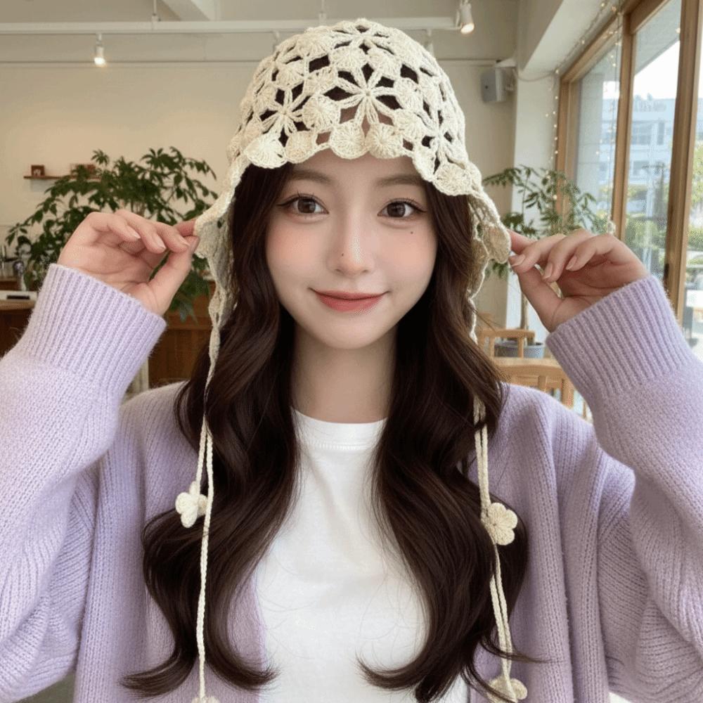 Tassel Hollowed Out Knitted Hat Floral Weave Cap Retro Bohemian Style Beanies Outdoor