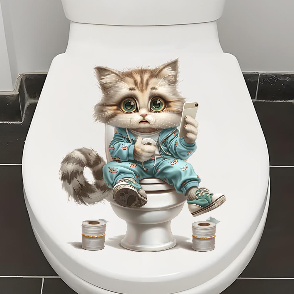 

Funny Cat Playing Phone Toilet Sticker Self Adhesive Waterproof Bathroom Decor 24x25cm різнокольоровий