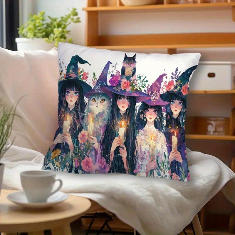 Bohemian Witch & Cat Pillow Cover 2D Printed Polyester Sofa Cushion Case – Vintage Floral Magic Decor For Halloween
