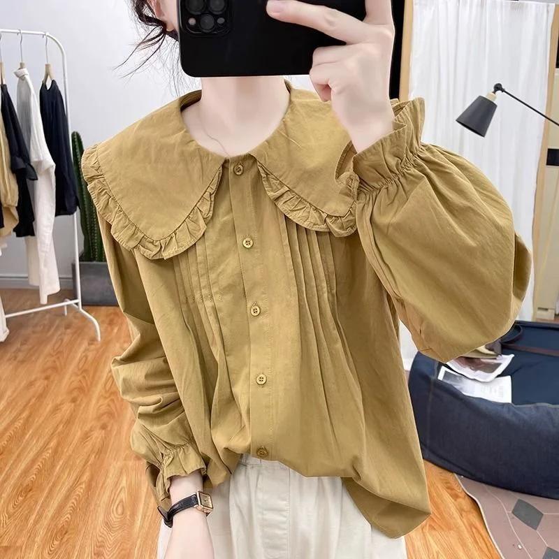 Autumn Lotus Leaf Sleeve Pure Cotton Doll Collar Long-sleeved Shirt Women's Top Retro Top Base