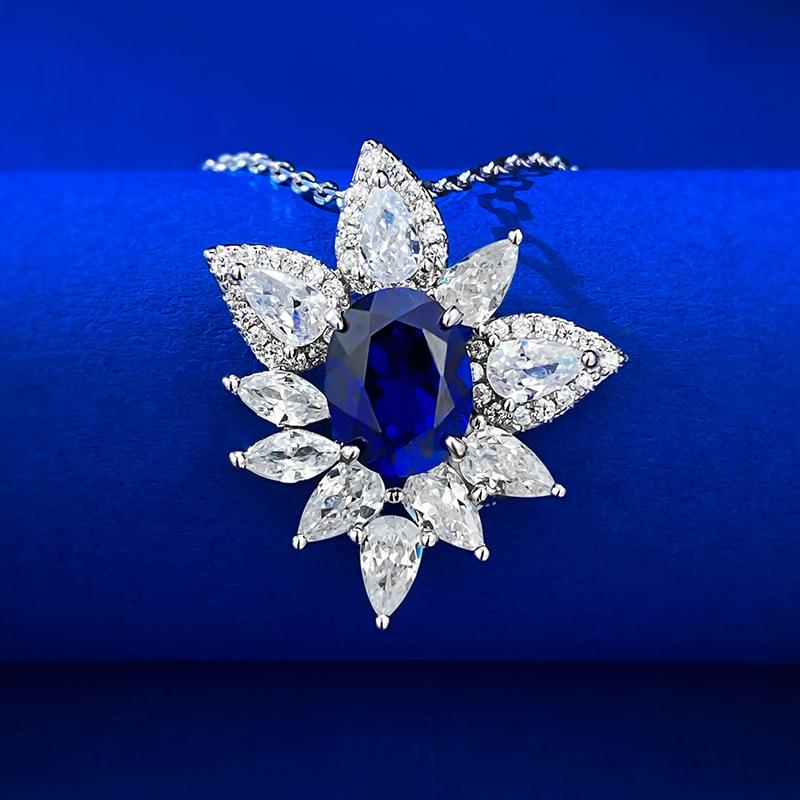 New S925 Silver Style 2 Carat Blue Luxury Set With 5A Zircon Full Necklace Fashion Versatile Jewelry