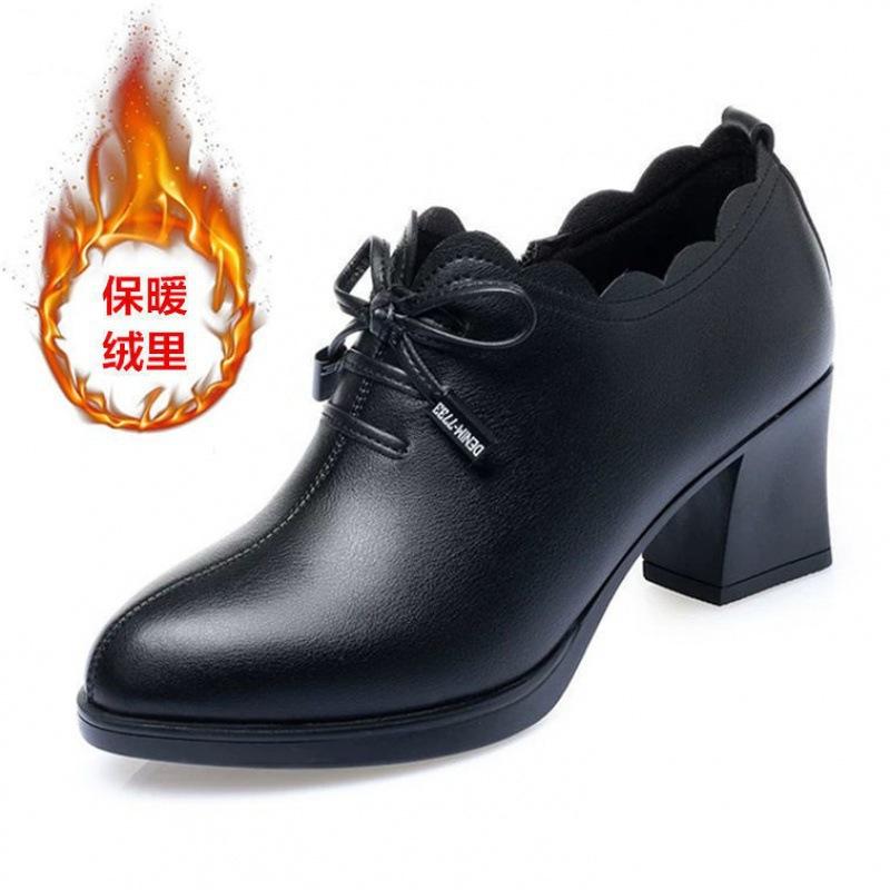 

Весна и Осень Новые Универсальные Одинарные Туфли с Глубоким Вырезом Женские 2025 Толстый Каблук Натуральная Мягкая Кожа Бант Высокие Каблуки Мама Работа Кожаные Туфли 41