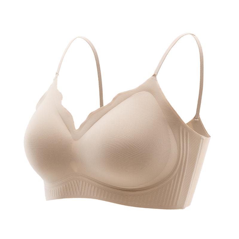 Nude Seamless Wireless Bra with Wavy Neckline and Adjustable Thin Straps