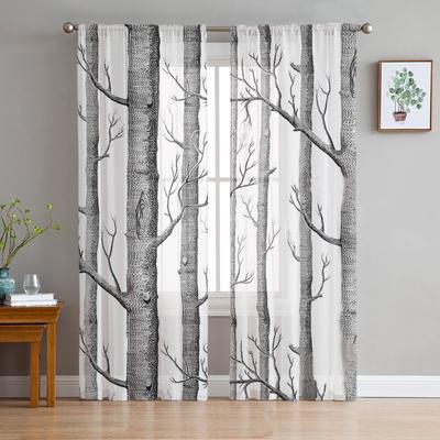 Gray White Tree Branches Sheer Curtain for Bedroom Tulle Voile Curtain for Kitchen Living Room Decor Window Treatment