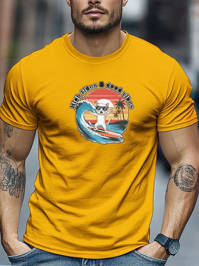 Mens Surfing TShirt High Tides Good Vibes Cat Print Short Sleeve Round Neck Breathable Oversized Beach Daily Wear