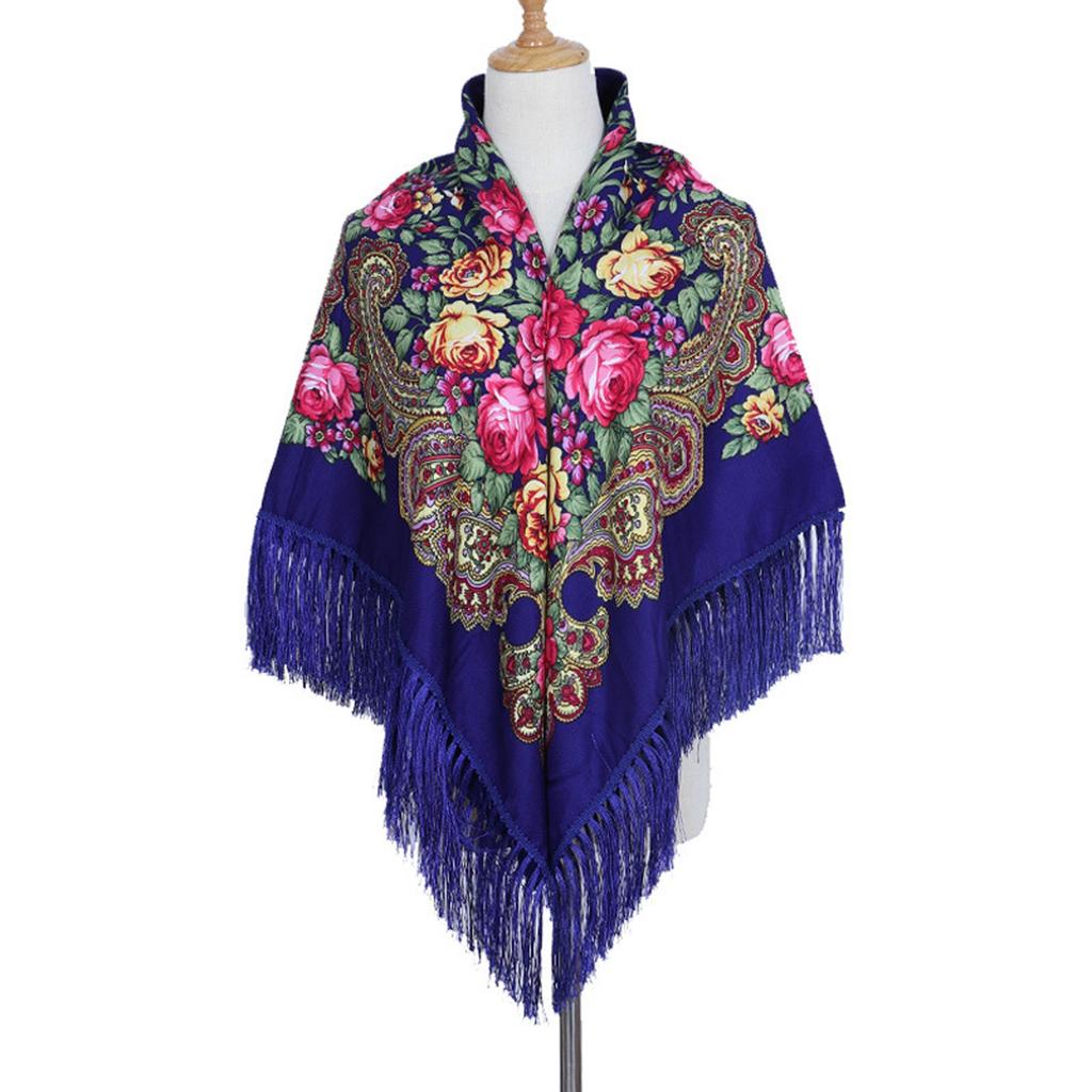 Ethnic Turban Head Wrap Scarf Women Vintage Travel Printed Tassel Shawl Outwear Printed Square Scarf