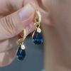 Luxury Temperament Sparkly Micro-inlay Zircon Blue Teardrop-shaped Crystal Pendant Hoop Earrings for Women Bride Wedding Jewelry