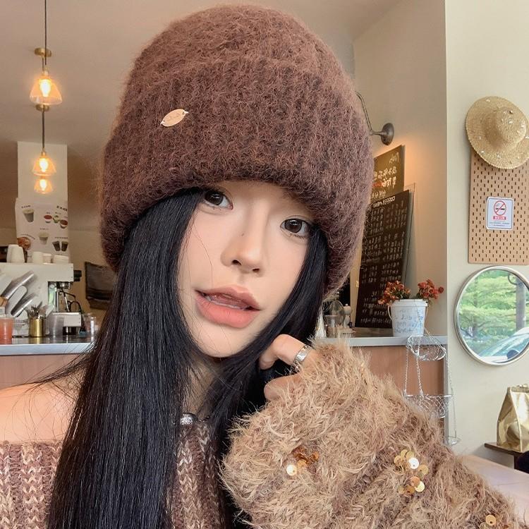 Blue Wool Hat Women's Autumn and Winter Versatile Face Small Knitted Hat Big Head Circumference Winter Warm Ear Protection Hat