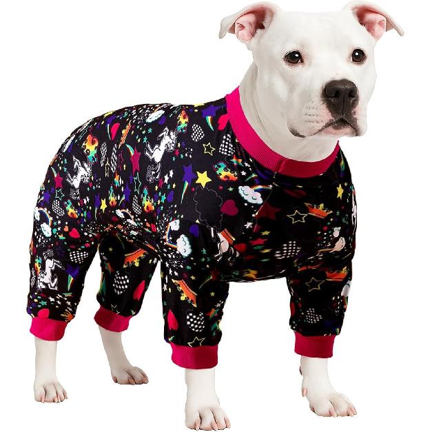 LovinPet Large Dog Pajamas Pitbull PJS: Wound Care/Post Surgery Dog Clothes, Onesies for Dogs, Unicorn Rainbows Black Print, Lightweight Stretchy