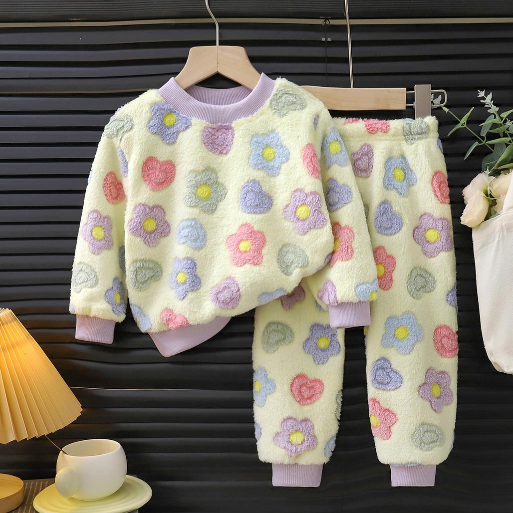 Kids Pajamas Set Winter Boys Girls Fleece Thickened Flannel Warm Baby Loungewear Children Sleepwear