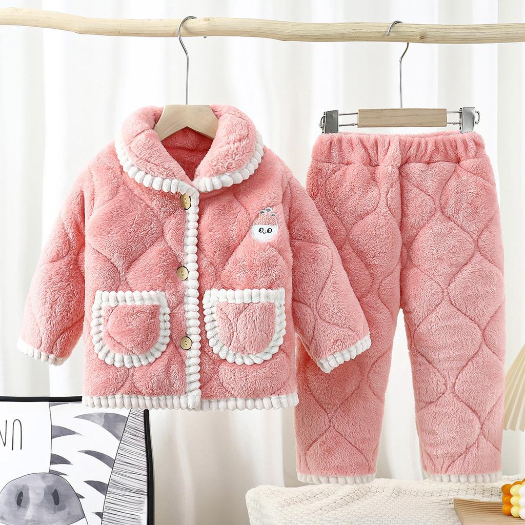 Children's Pajamas Set Thickened Winter Big Children's Flannel Boys and Girls Three-layer Thickened Warm Home Service Children's Clothing