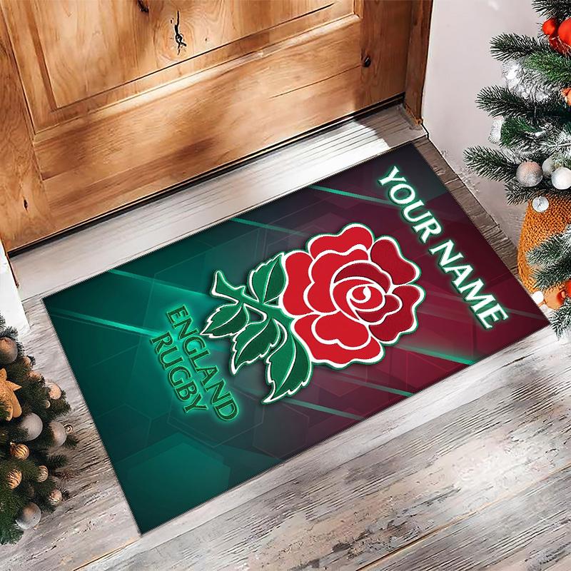 England Rugby Crystal Velvet Rug, Custom Name Text Personalized Non‑Slip Floor Mat for Home Decor Gift