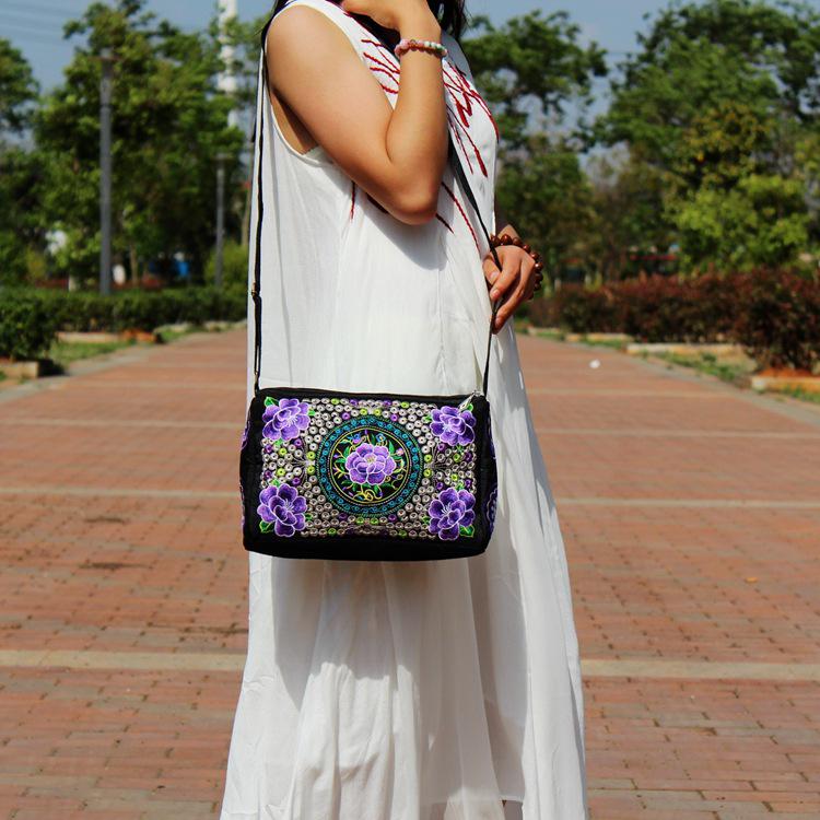 Yunnan Ethnic Embroidered One-Shoulder Crossbody Bag with Three Zippers - Large Size for Ladies