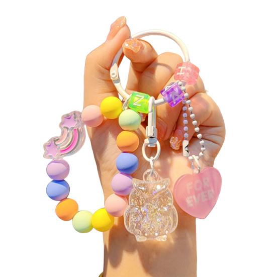 Beaded Phone Wrist Strap with Owl Bag Charm Anti-Lost Keychain Bracelet Lanyard for Cellphone Handbag Keys