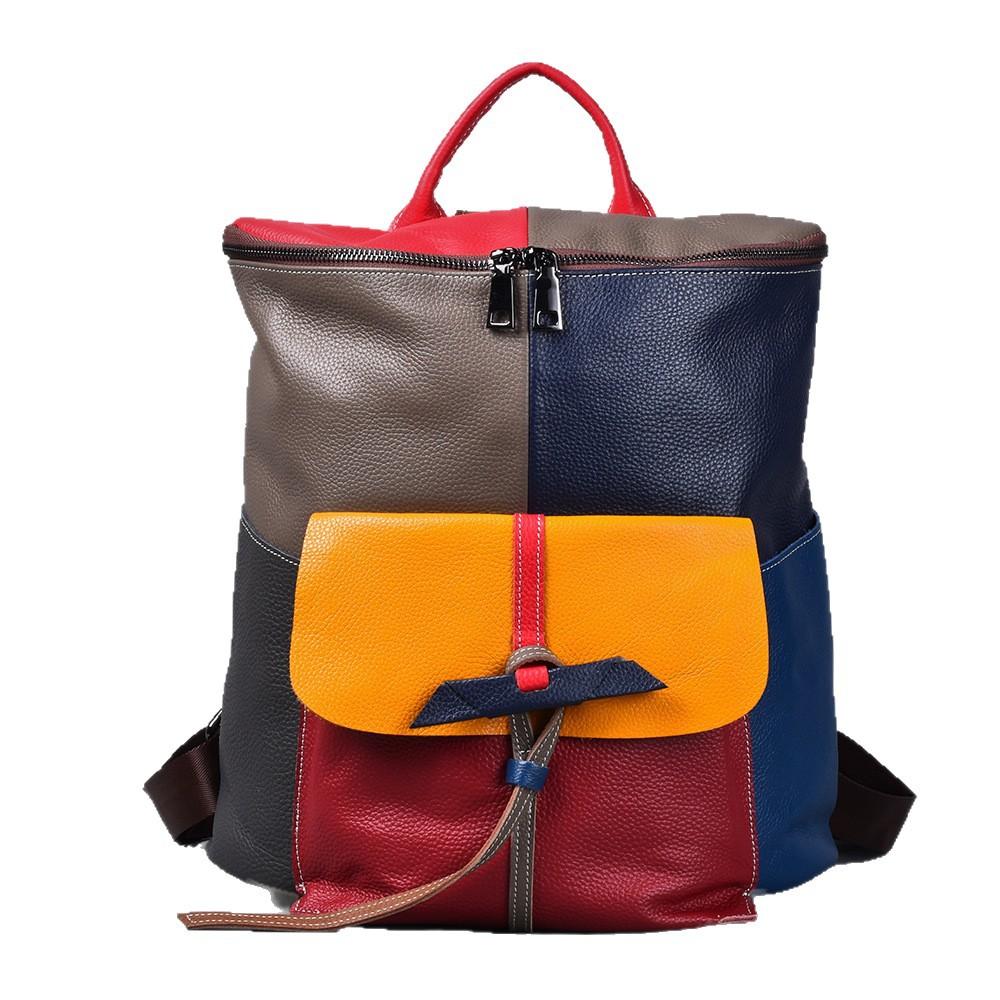 Retro Leather Women'S Bag Color Contrasting Color First Layer Cowhide Backpack Bucket Bag Women'S Casual Backpack