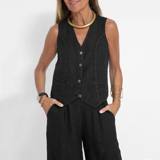 Women Suit Cotton Linen Long Pants Sleeveless Vest Set V-neck Wide Leg Casual Set Outfit