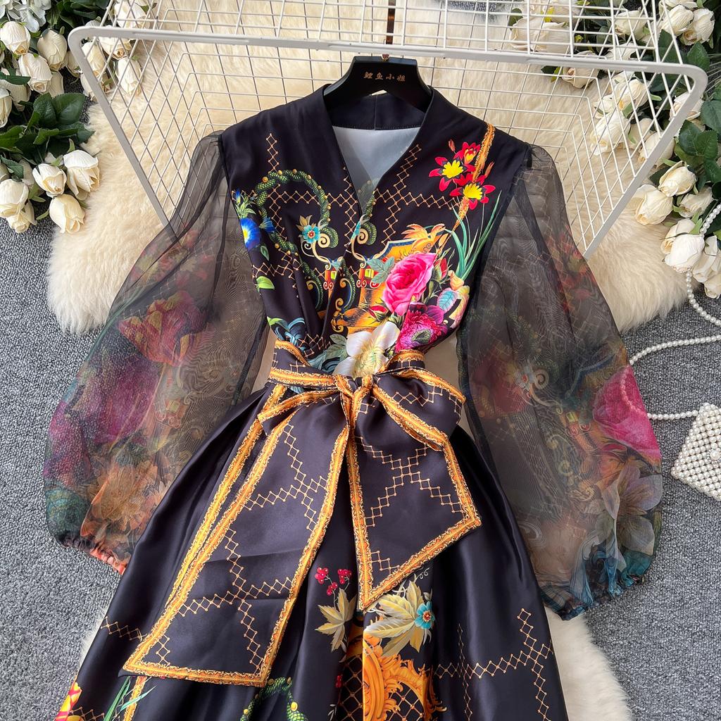 Spring France Elegant Vintage Palace Evening Dress Women Print Sashes Mesh Long Party Dress Female Casual Holiday Clothing New
