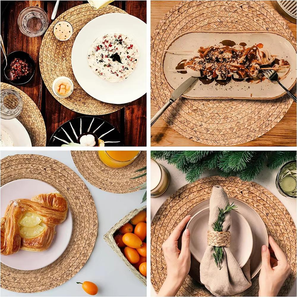 Round Woven Placemat Boho Rattan Placemats Natural Water Hyacinth Placemat Farmhouse Weave Place Mats Braided Wicker Table Mats