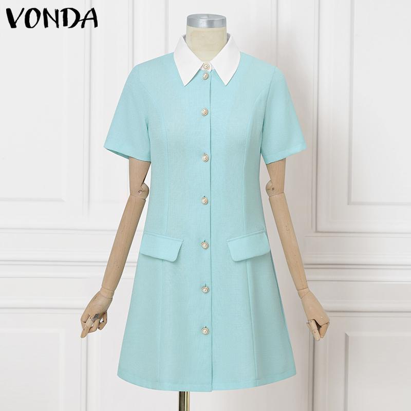 VONDA Rochie Elegantă de Birou pentru Femei, Mânecă Scurtă, Cusături, Culoare Solidă, Talie Cambrată, Elegantă