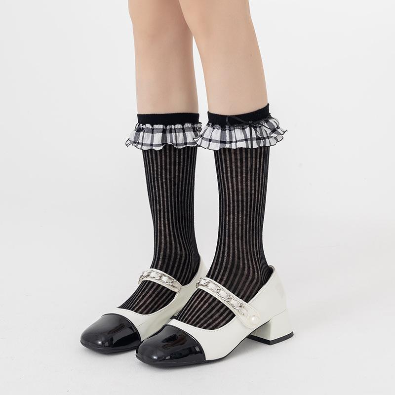 Female Spring Summer New Product Thin Model Check Bow Lace Boneless Cotton Socks