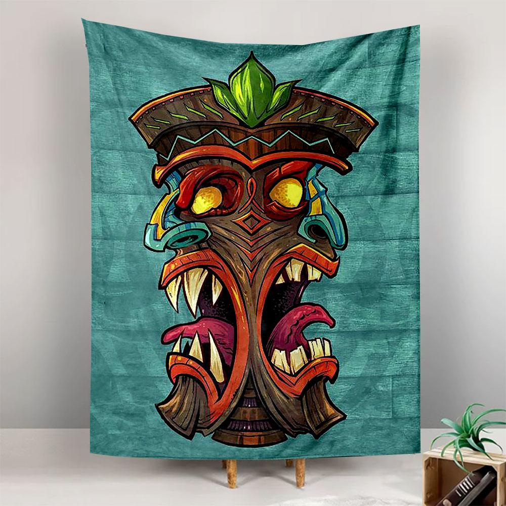 Colorful Tiki Mask Cartoon Turquoise Wood Hawaiian Wall Tapestry Tropical Decor for Living Room Bedroom Gift