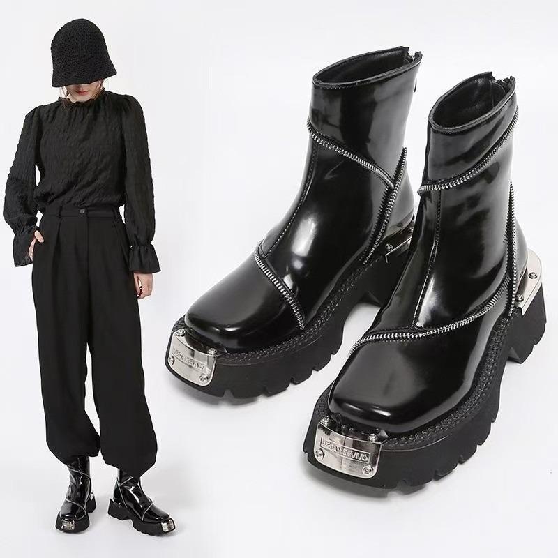Ankle Platform Women Snow Boots Luxury Square Toe Mid Heels Leather Plush Shoes Winter 2025 Trend Designer New Goth Botas Mujer