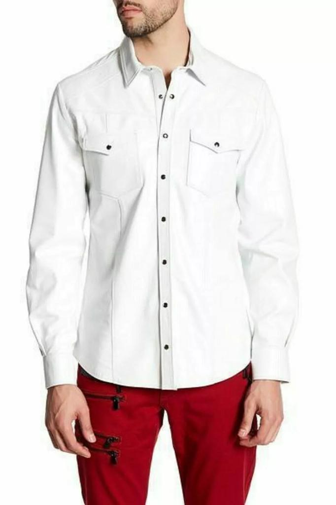 Party Stylish Lambskin 100%Leather Real Handmade Men Shirt Formal White Casual