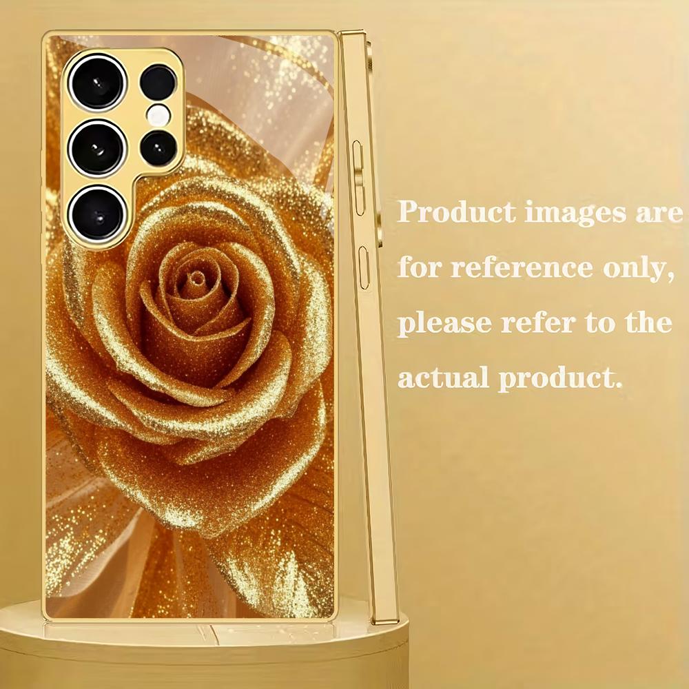 Golden Rose Plated Glass Phone Case Suitable for Samsung Galaxy S26 S25 S24 S23 S22 S20 FE/Ultra/Plus 5G Anti Drop Back Cover
