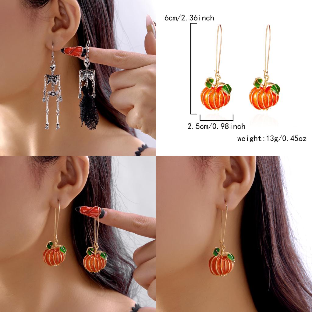 Halloween Pumpkin Skeleton Alloy Earrings With Electric Plating For Cosplay And Party Decor