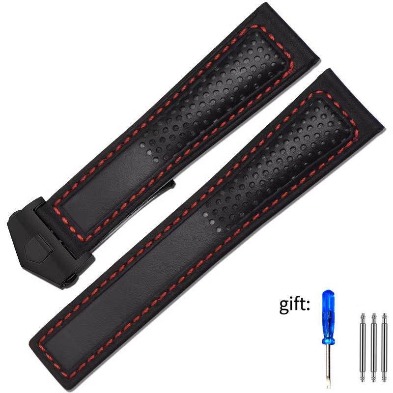 Cowhide Watch Strap 22mm Wristband For Tag Heuer Carrera Diving Monaco F1 Fiyta Tissot Watch Band Red Stitches Leather Bracelet