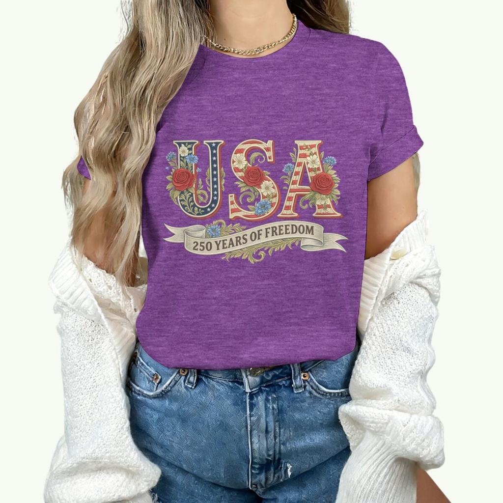 Causal 250th Anniversary Floral USA T-Shirt Women Retro Patriotic Rose Daisy Flowers Tee Fashion Independence Day 2026 Shirt