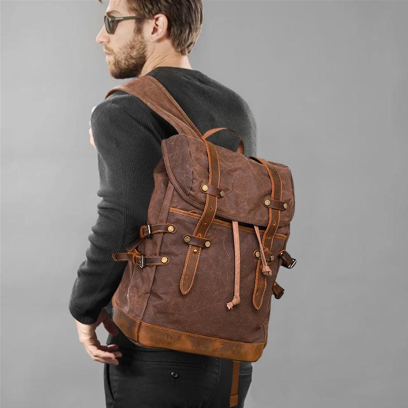 Sac à dos en toile cirée imperméable Sac à dos vintage en cuir pour homme Grand sac à dos Sac d'école Sacs à dos de randonnée Sac à dos de jour Mochila