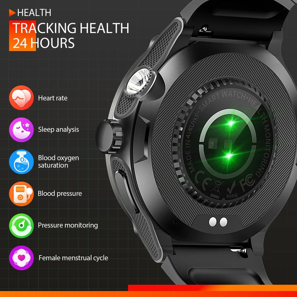 Outdoor Military Smart Watch Men LED Strong Light AMOLED Screen Heart Rate Compass Bluetooth Call 3ATM Waterproof Smartwatch