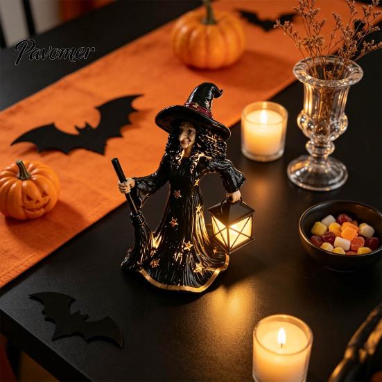 Resin Witch Statue 2Pcs Halloween Night Lamp, Holding Lantern Figurine with Atmosphere Lights LED, Glowing for Tabletop Decor