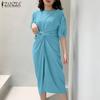 Women Casual Round Neck Short Sleeve Kink Casual Dress