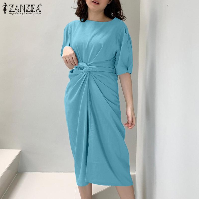 

ZANZEA Women Casual Round Neck Short Sleeve Kink Casual Dress M