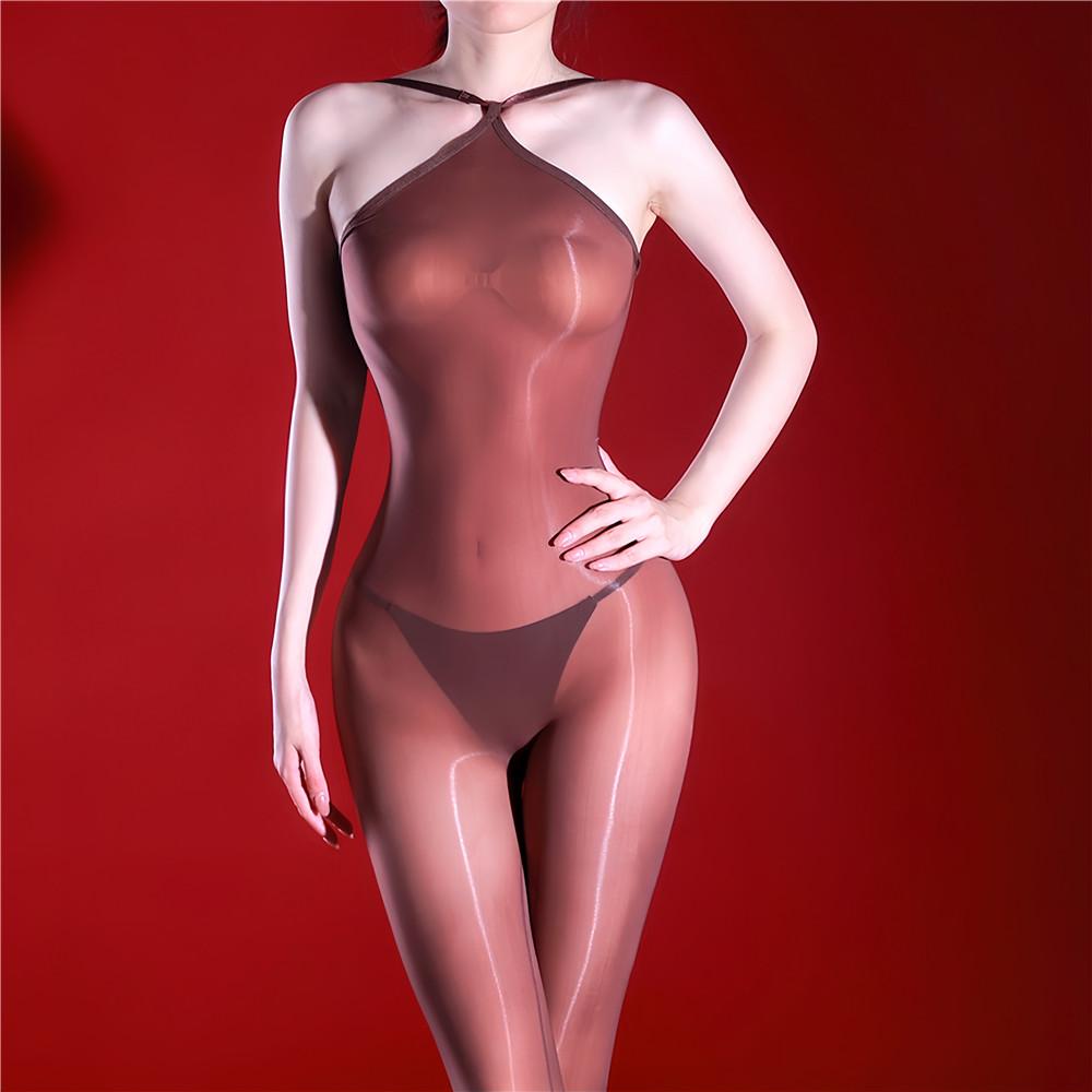 Women 640 Pin High Density Bodysuit Oil Shiny Elastic Tights Open Crotch Yoga Shaping Jumpsuit High Collar Maid Leotard Leggings