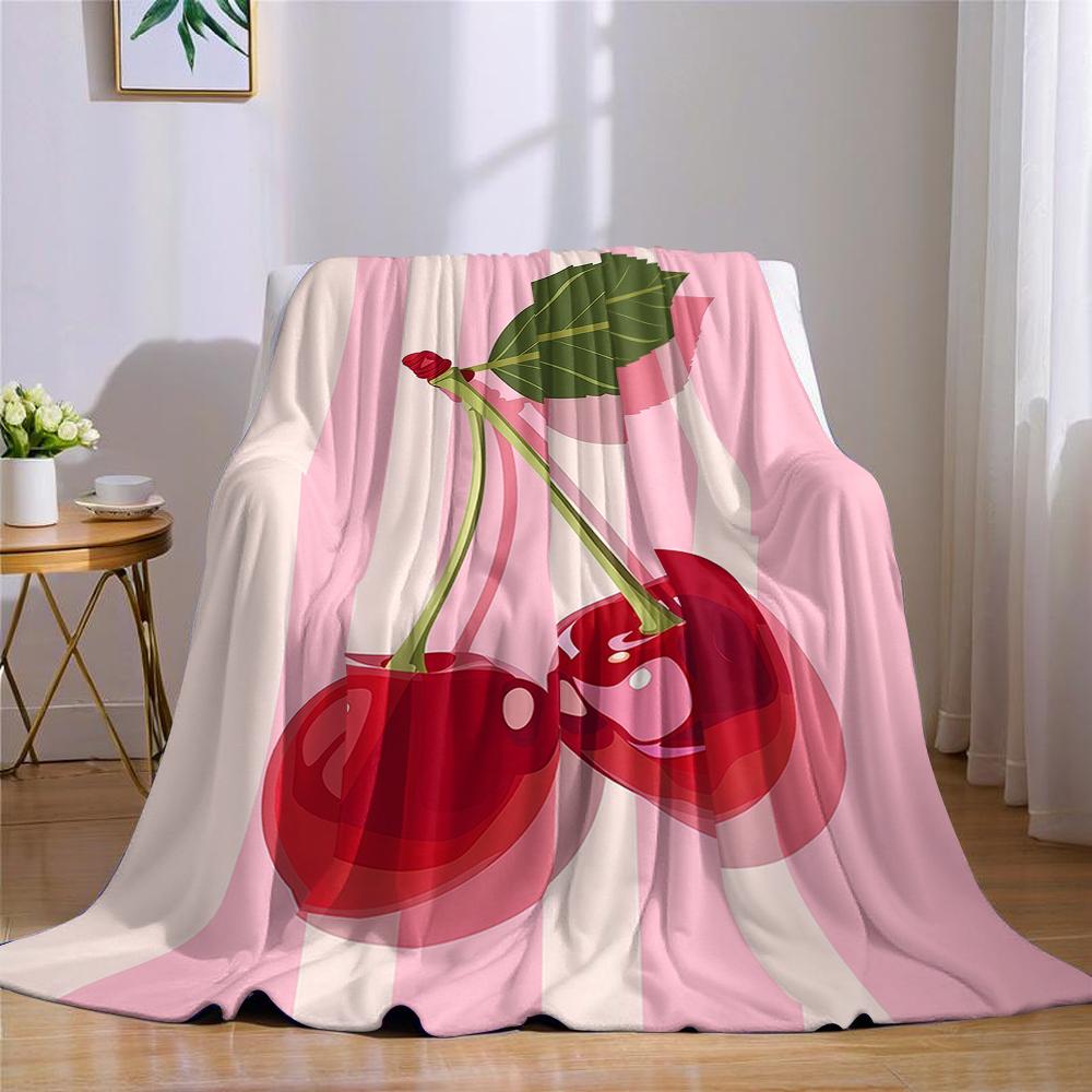 Cherries on Pink Stripes Flannel Blanket Warm Soft Halloween Christmas Couch Warm Cozy Decorative Decor Gift for All Season