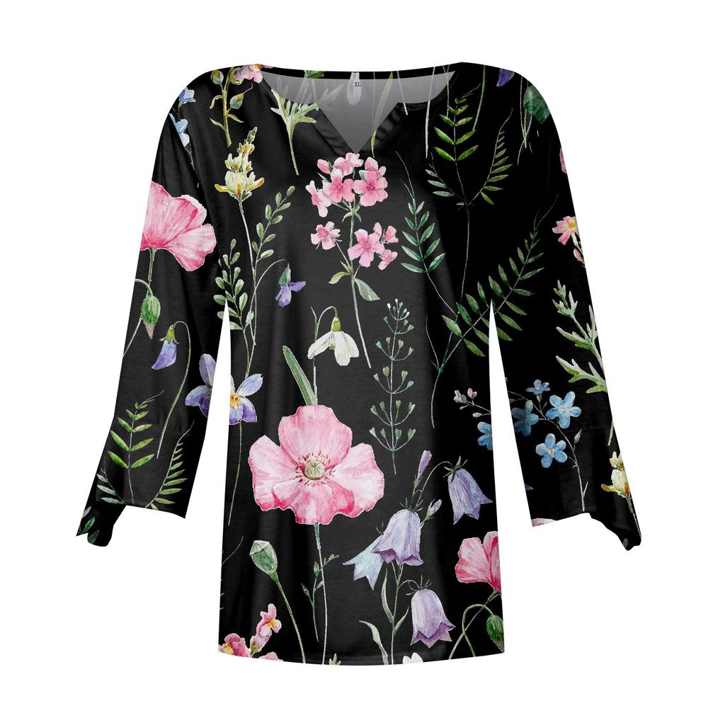 Women's Top Loose Casual V-neck Printed Blouses Bell 3/4 Sleeve T-shirt