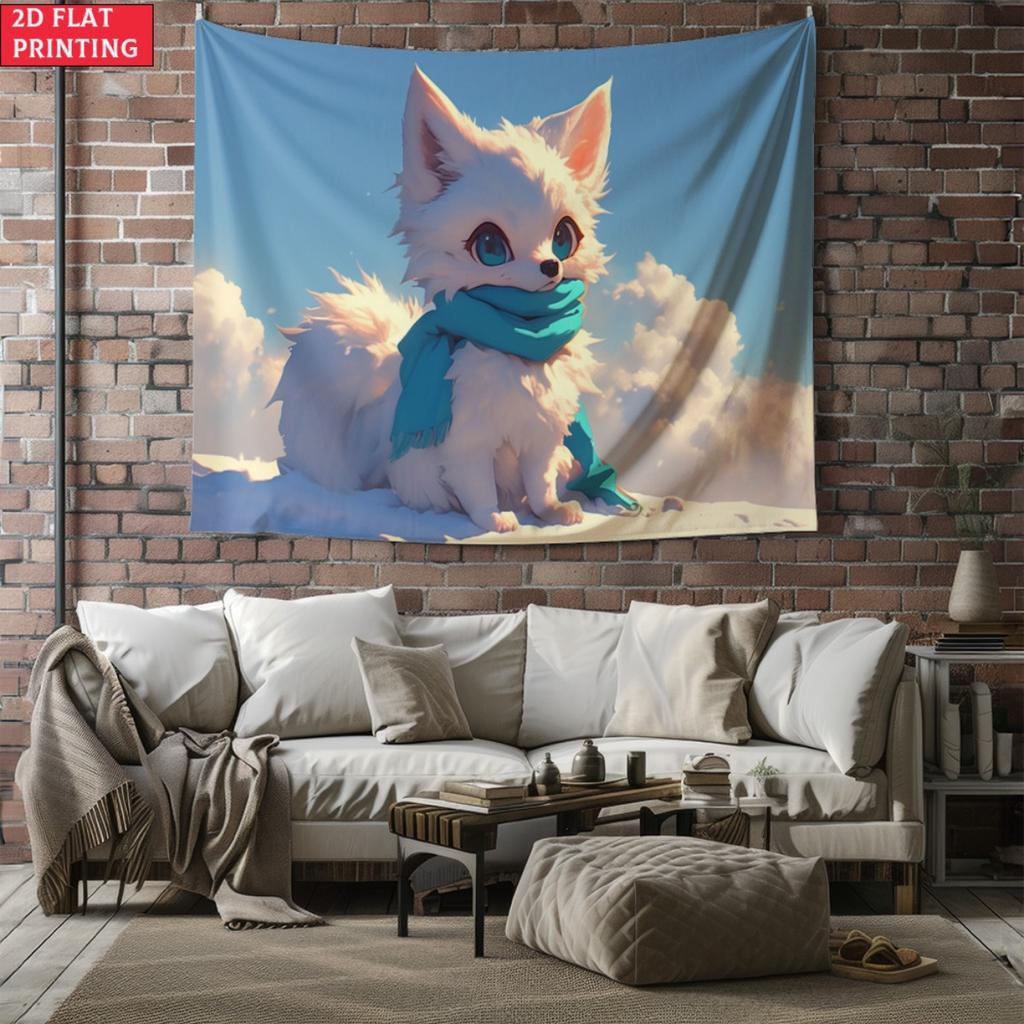 Cute White Fox Tapestry Anime Style Arctic Fox with Scarf Wall Hanging Aesthetic Room Decor suitable use in offices bars party